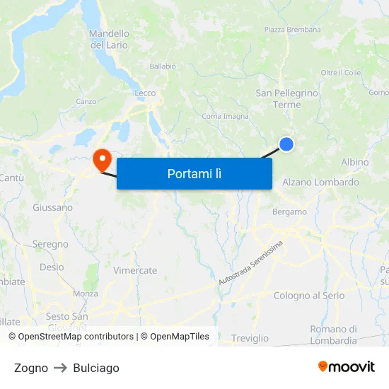 Zogno to Bulciago map