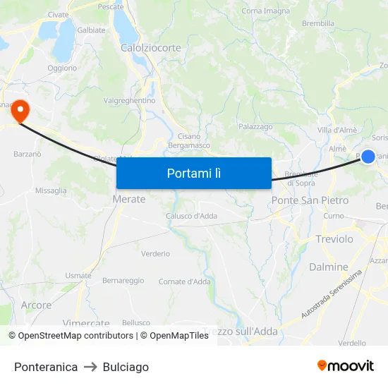 Ponteranica to Bulciago map