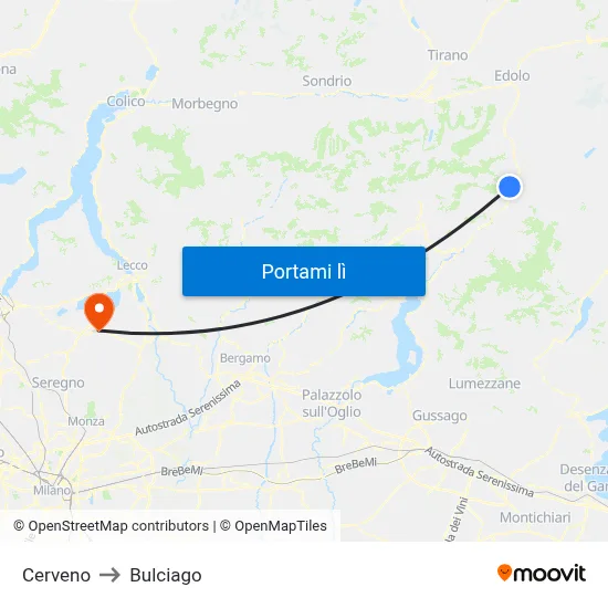 Cerveno to Bulciago map