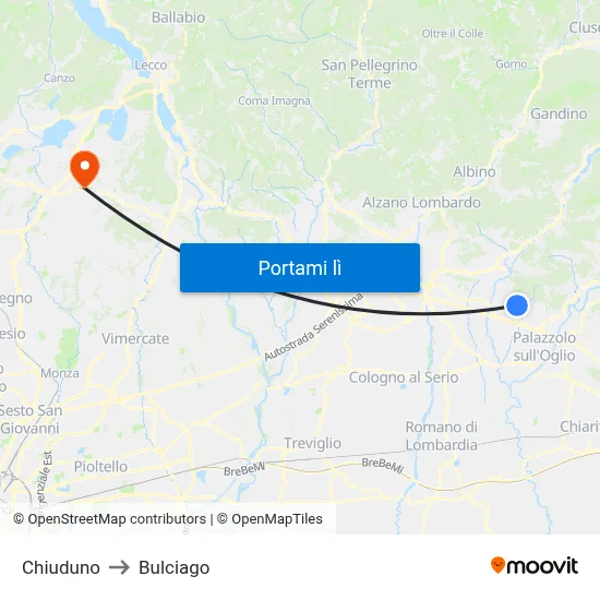 Chiuduno to Bulciago map