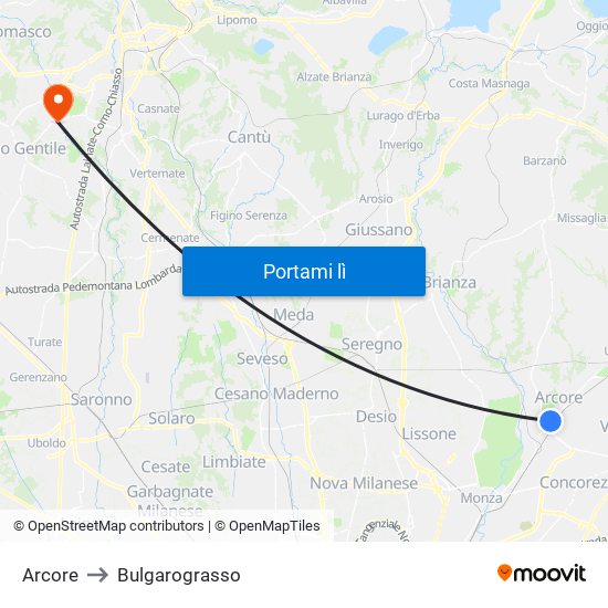 Arcore to Bulgarograsso map