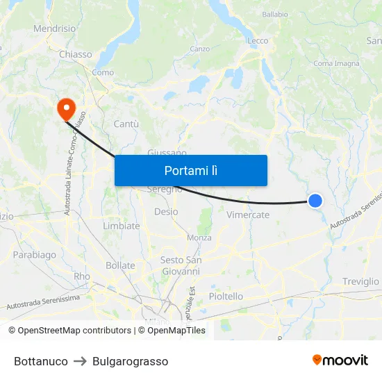 Bottanuco to Bulgarograsso map