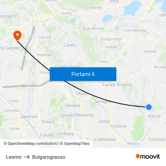 Lesmo to Bulgarograsso map
