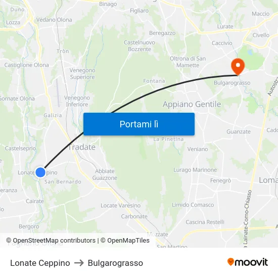 Lonate Ceppino to Bulgarograsso map