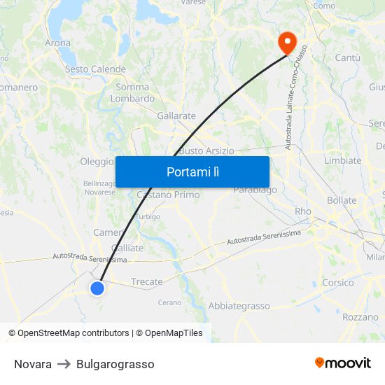 Novara to Bulgarograsso map