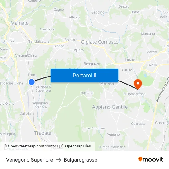 Venegono Superiore to Bulgarograsso map