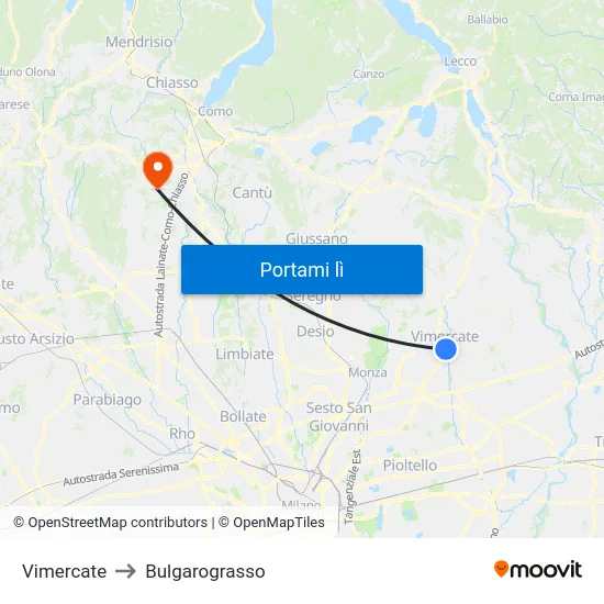 Vimercate to Bulgarograsso map