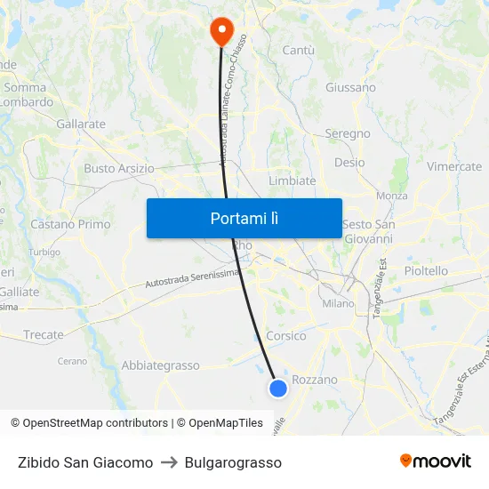 Zibido San Giacomo to Bulgarograsso map