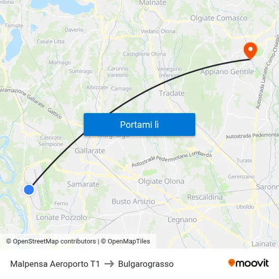 Malpensa Aeroporto T1 to Bulgarograsso map