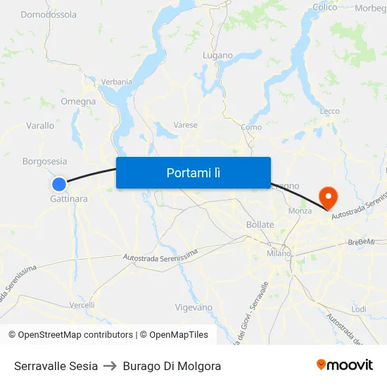 Serravalle Sesia to Burago Di Molgora map