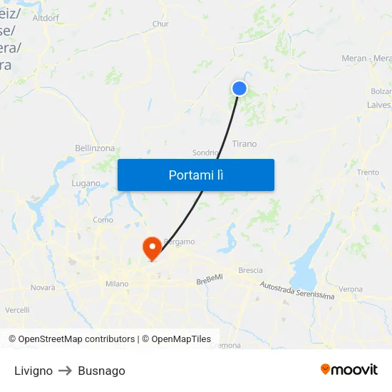 Livigno to Busnago map