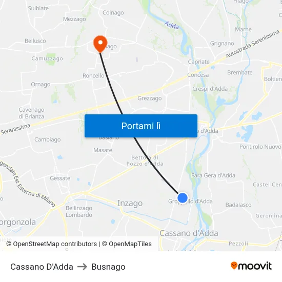 Cassano D'Adda to Busnago map