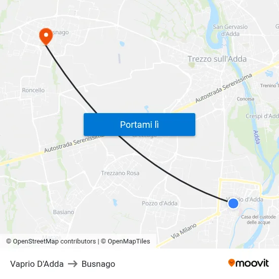 Vaprio D'Adda to Busnago map