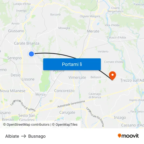 Albiate to Busnago map