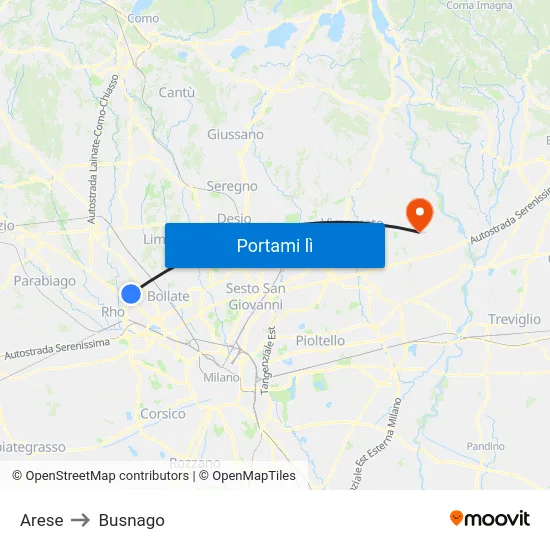Arese to Busnago map