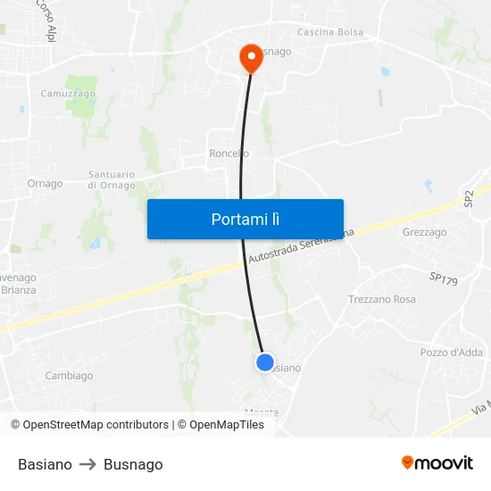 Basiano to Busnago map