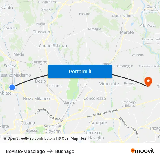 Bovisio-Masciago to Busnago map
