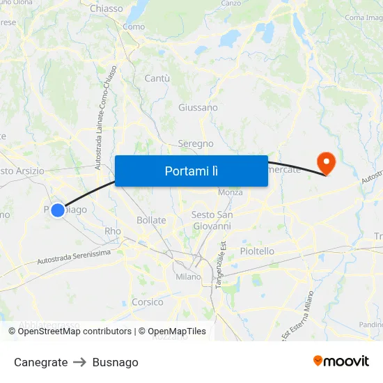 Canegrate to Busnago map