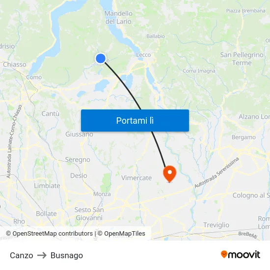 Canzo to Busnago map