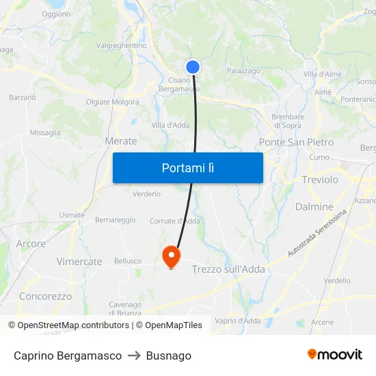 Caprino Bergamasco to Busnago map