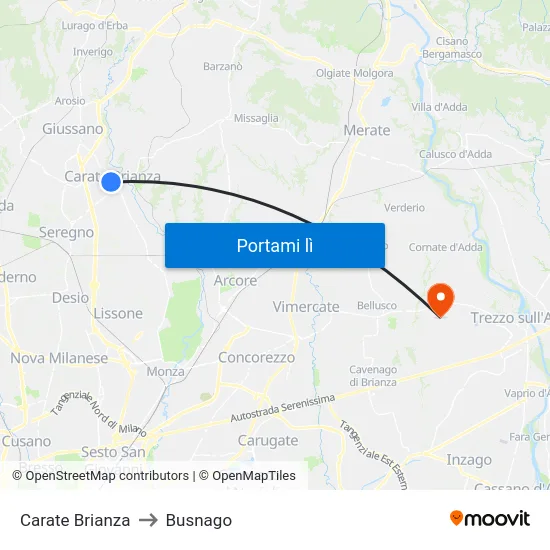 Carate Brianza to Busnago map