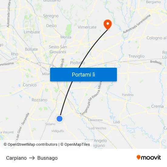 Carpiano to Busnago map