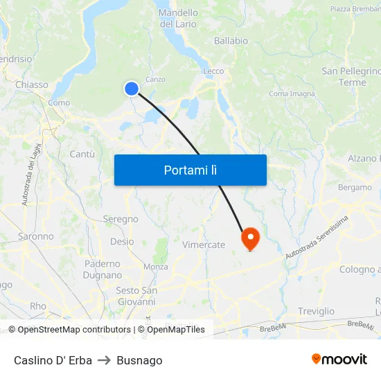 Caslino D' Erba to Busnago map