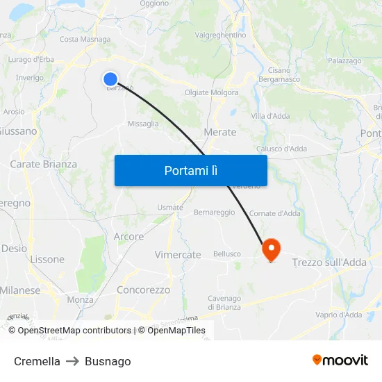 Cremella to Busnago map