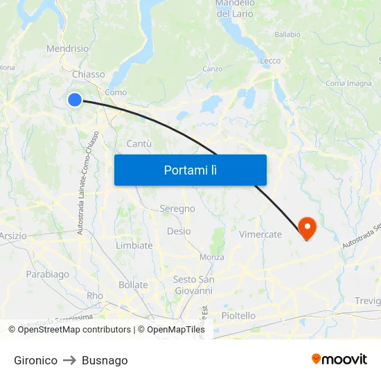 Gironico to Busnago map