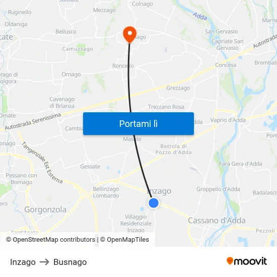 Inzago to Busnago map