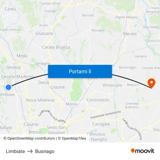 Limbiate to Busnago map