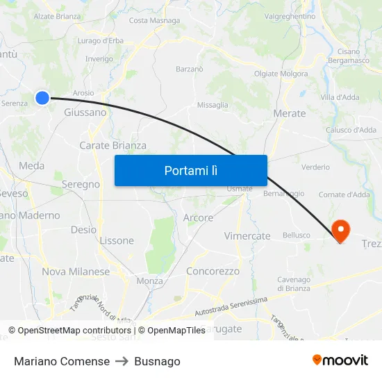 Mariano Comense to Busnago map