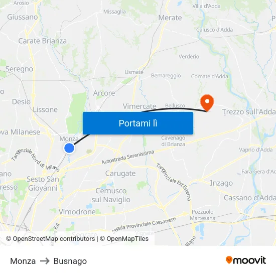 Monza to Busnago map