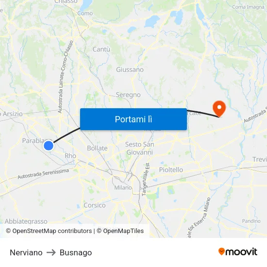 Nerviano to Busnago map