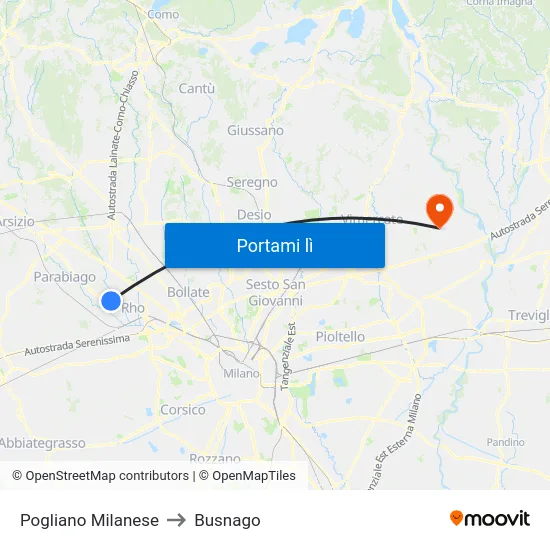 Pogliano Milanese to Busnago map