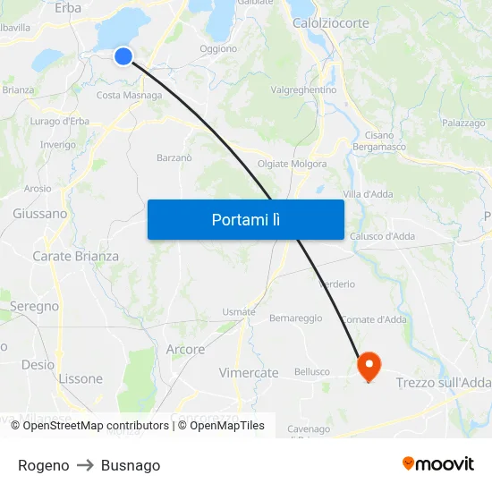 Rogeno to Busnago map