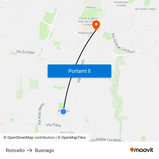Roncello to Busnago map