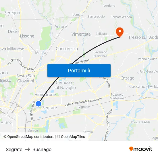 Segrate to Busnago map