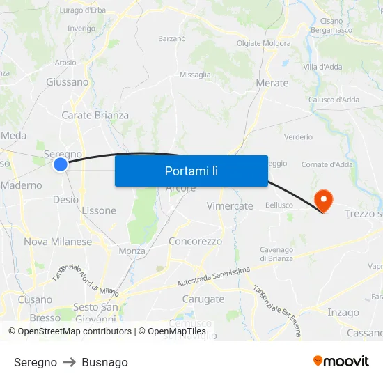 Seregno to Busnago map