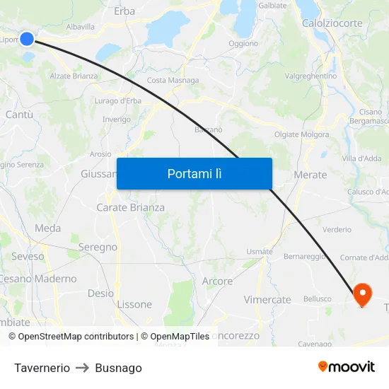 Tavernerio to Busnago map