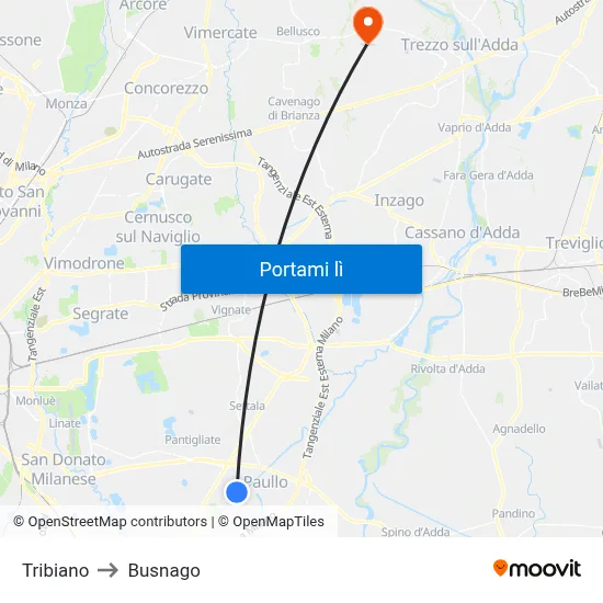 Tribiano to Busnago map