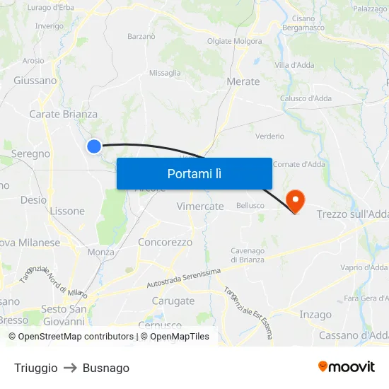 Triuggio to Busnago map