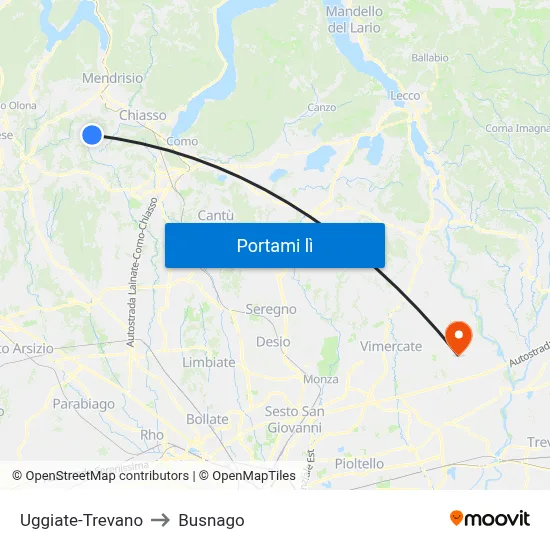 Uggiate-Trevano to Busnago map
