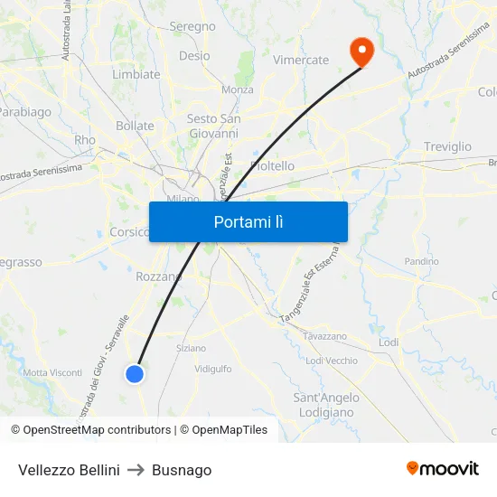Vellezzo Bellini to Busnago map