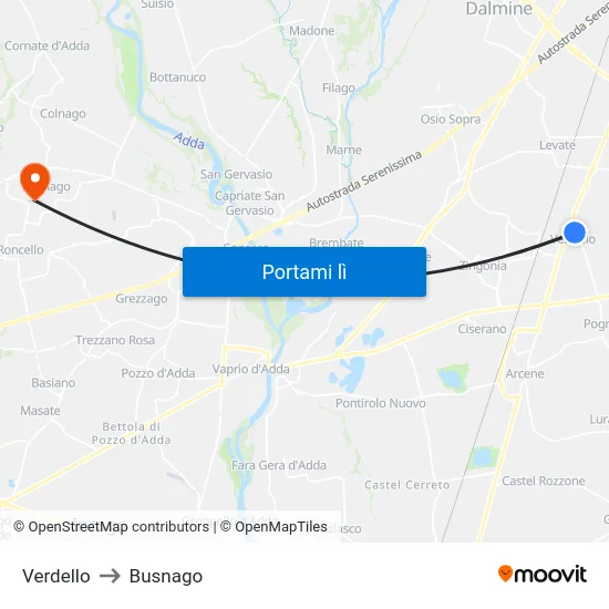 Verdello to Busnago map