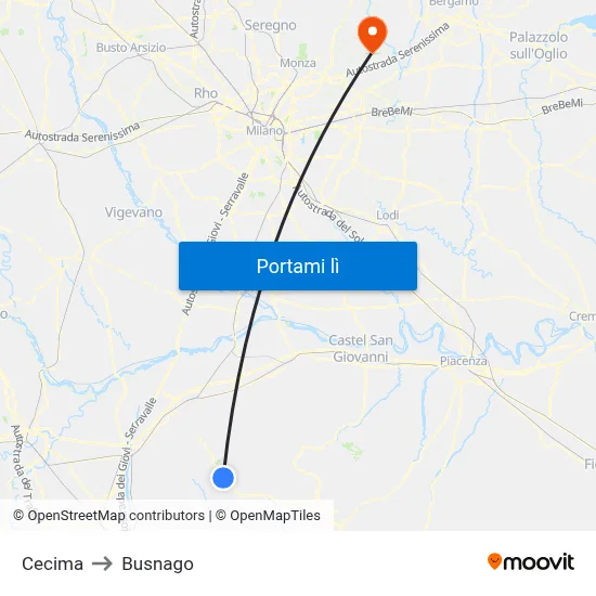 Cecima to Busnago map