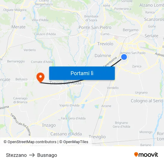 Stezzano to Busnago map