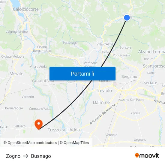Zogno to Busnago map