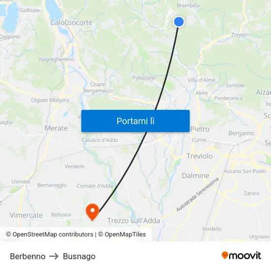 Berbenno to Busnago map
