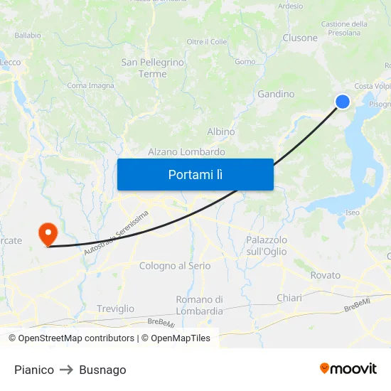 Pianico to Busnago map